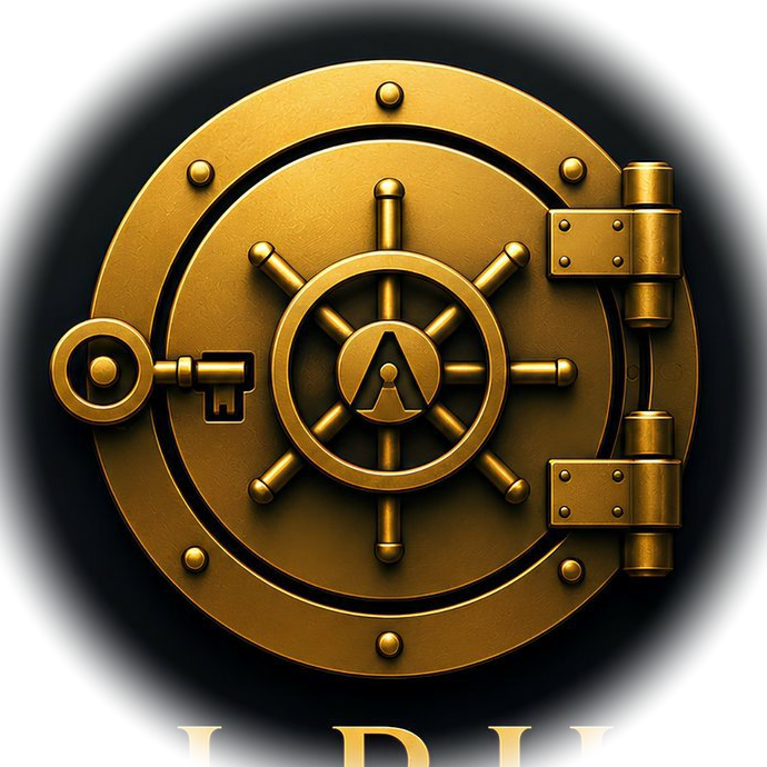 The Alpha Vault emblem — a gilded vault door with a ship's-wheel handle.